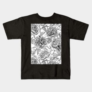 Peony flowers, black and white Kids T-Shirt